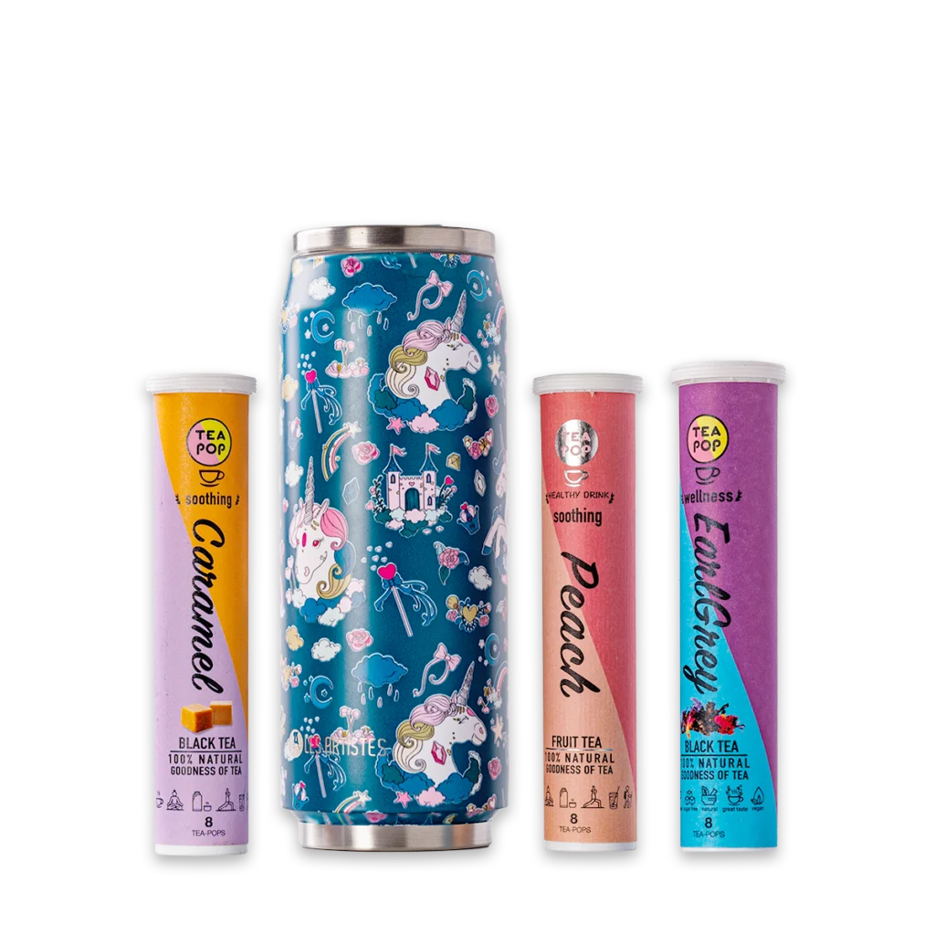 Set Alltagszauber mit Einhorn-Isolierflasche und drei Tea-Pop Sorten Peach, Caramel und Earl Grey
