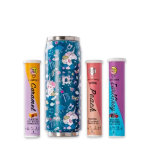 Set Alltagszauber mit Einhorn-Isolierflasche und drei Tea-Pop Sorten Peach, Caramel und Earl Grey