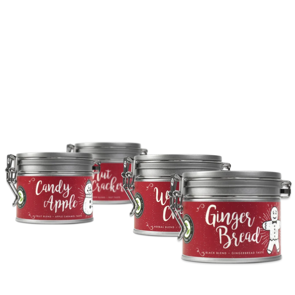 Winter Set Tee-Bundle mit vier Sorten: Winter Chai bio, Nutcracker, Candy Apple und Gingerbread.