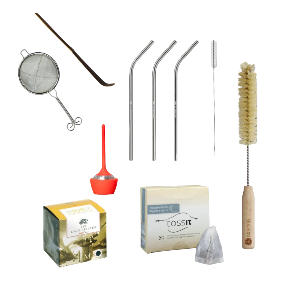 Großes Zubehör-Set mit Tee-Ei, Teedauerfilter M, drei Edelstahl-Trinkhalmen, Papierbeuteln, großer Reinigungsbürste, Matcha-Sieb und Bambuslöffel – für heißen, kalten und Matcha-Tee.