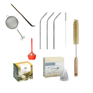 Großes Zubehör-Set mit Tee-Ei, Teedauerfilter M, drei Edelstahl-Trinkhalmen, Papierbeuteln, großer Reinigungsbürste, Matcha-Sieb und Bambuslöffel – für heißen, kalten und Matcha-Tee.