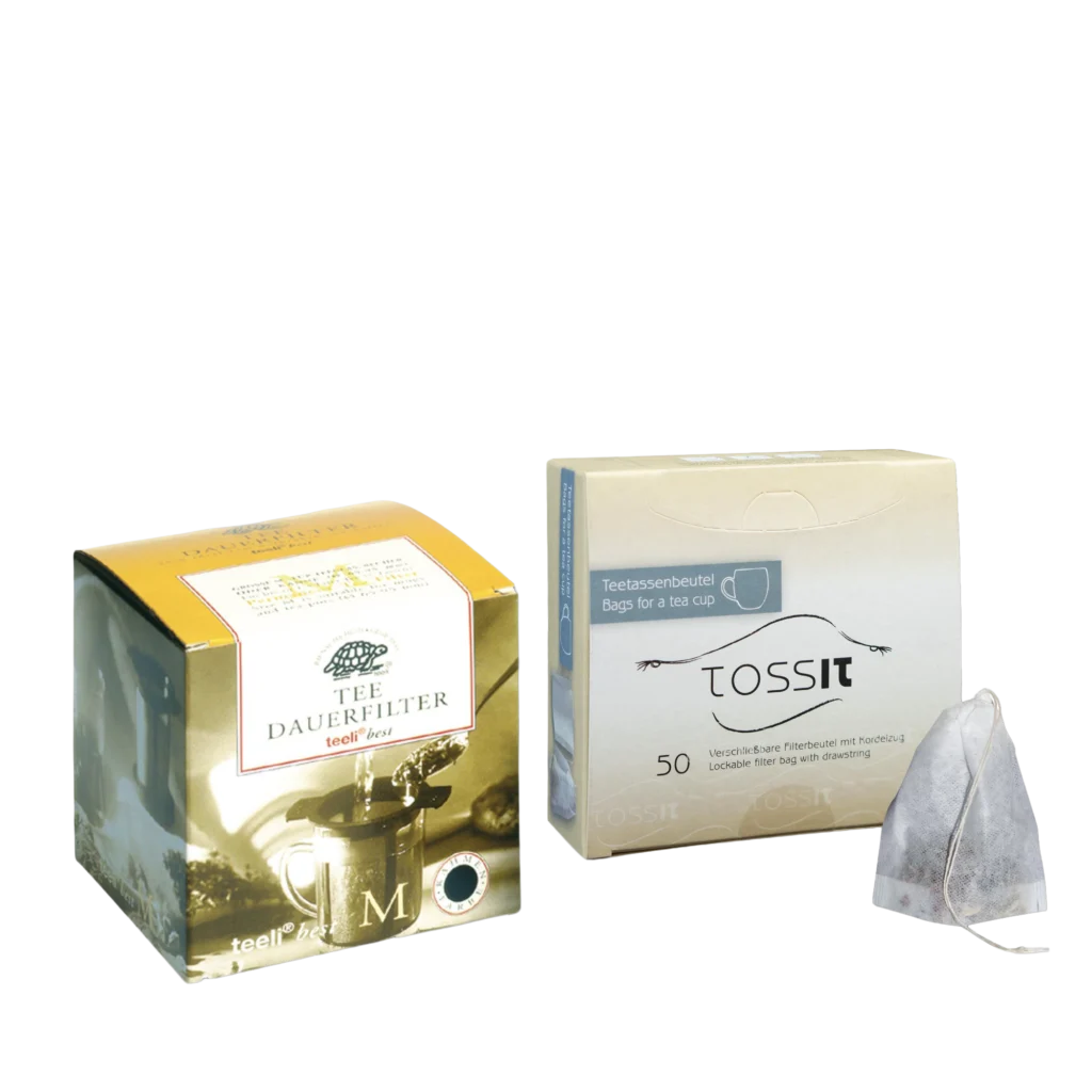 Mini Set mit Teedauerfilter M und Papierbeuteln für losen Tee – zum sauberen Aufgießen, Portionieren und Mitnehmen.