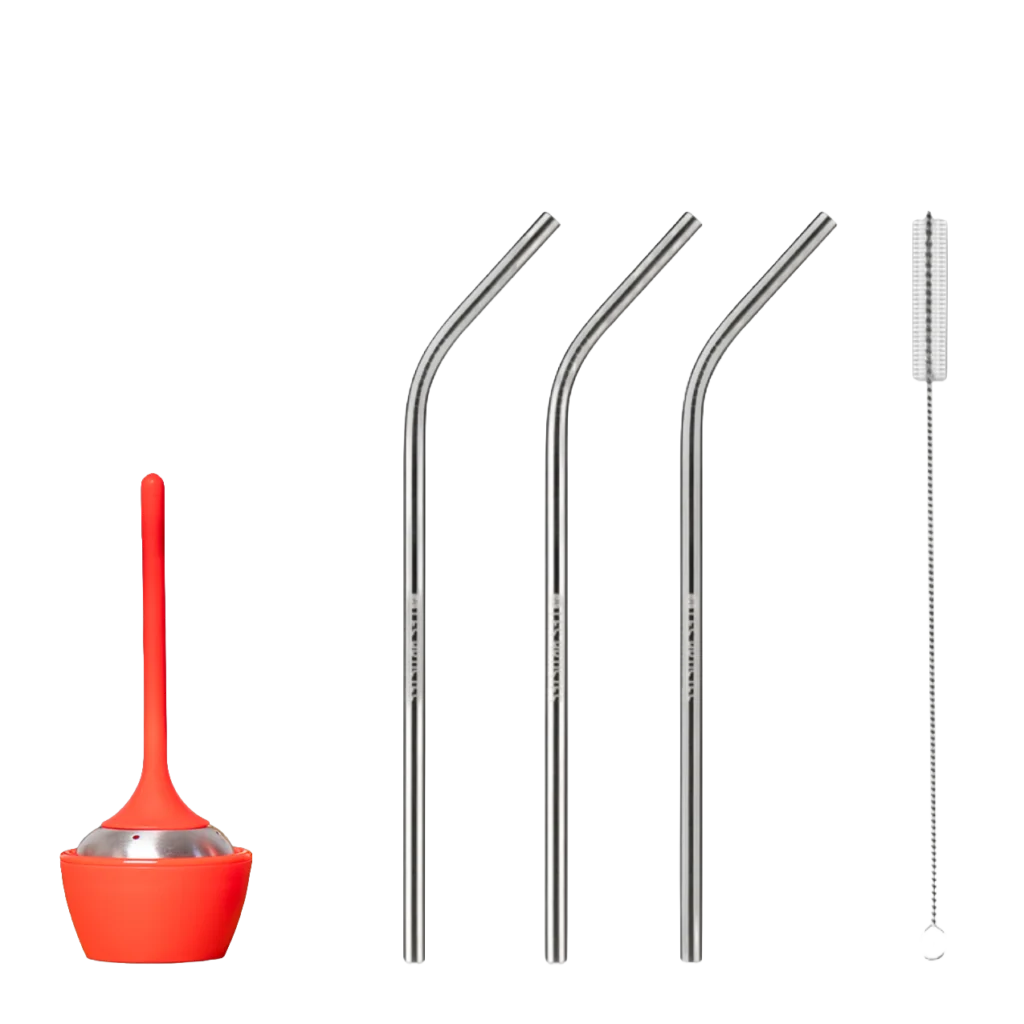 Mini Set mit rotem Tee-Ei und drei Edelstahl-Trinkhalmen inklusive Bürste – für heißen und kalten Tee, wiederverwendbar und alltagstauglich.