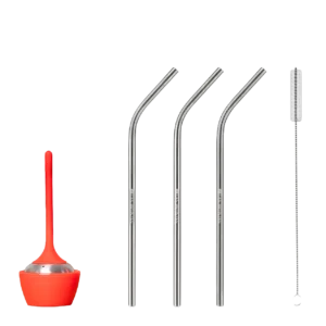 Mini Set mit rotem Tee-Ei und drei Edelstahl-Trinkhalmen inklusive Bürste – für heißen und kalten Tee, wiederverwendbar und alltagstauglich.
