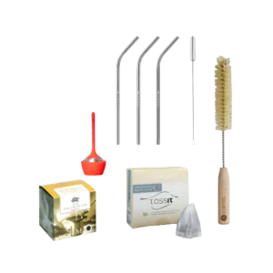 Zubehör-Set Mittel mit Tee-Ei, Teedauerfilter M, drei Edelstahl-Trinkhalmen, Papierbeuteln und großer Reinigungsbürste – für heißen und kalten Tee im Alltag.